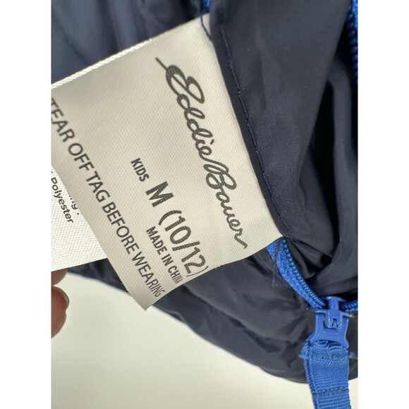 Eddie Bauer Boy's White And Navy Full Zip Hooded Puffer Coat Size M 10/12 Down j - Picture 5 of 13
